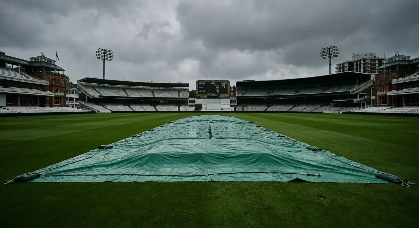 Abandoned cricket match with rain covers across the pitch and an empty scoreboard in the background