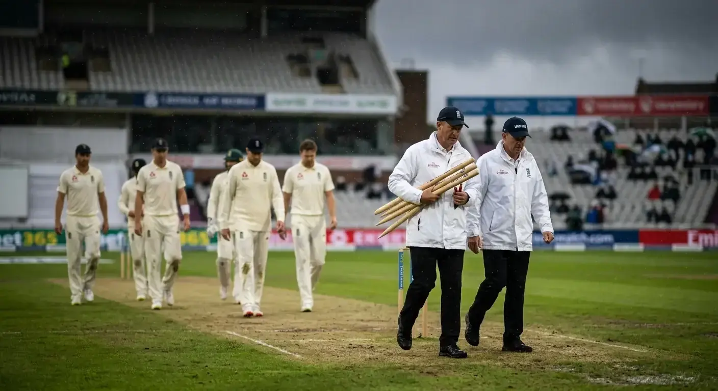 Umpires walking off the cricket field with players as rain begins to fall