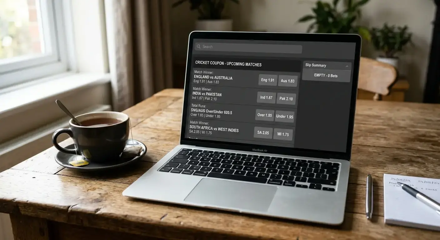 Laptop showing a generic cricket coupon with markets suitable for accumulator construction