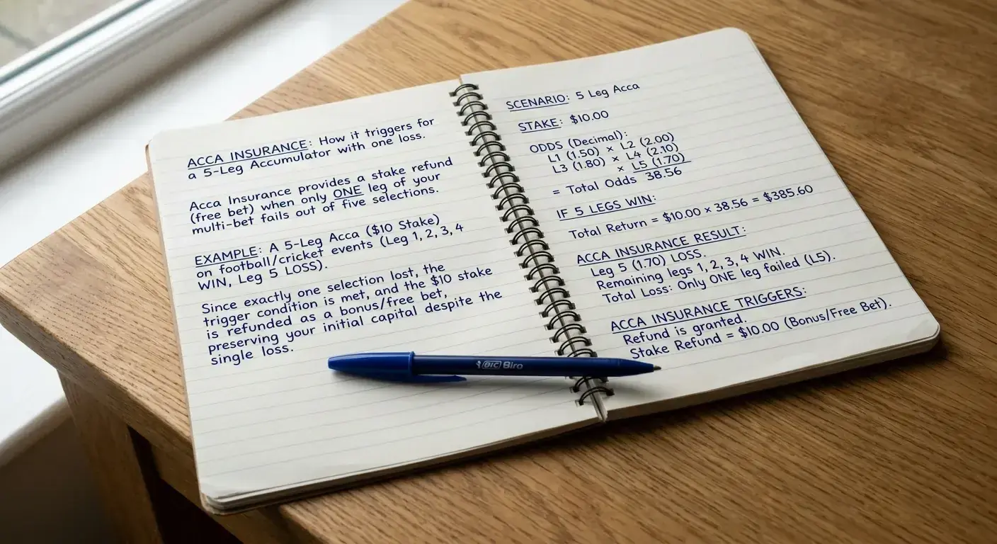 Notebook explaining acca insurance and refund mechanics on a cricket accumulator