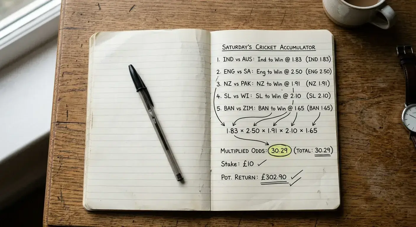 Notebook page with handwritten maths of how cricket accumulator odds multiply across legs