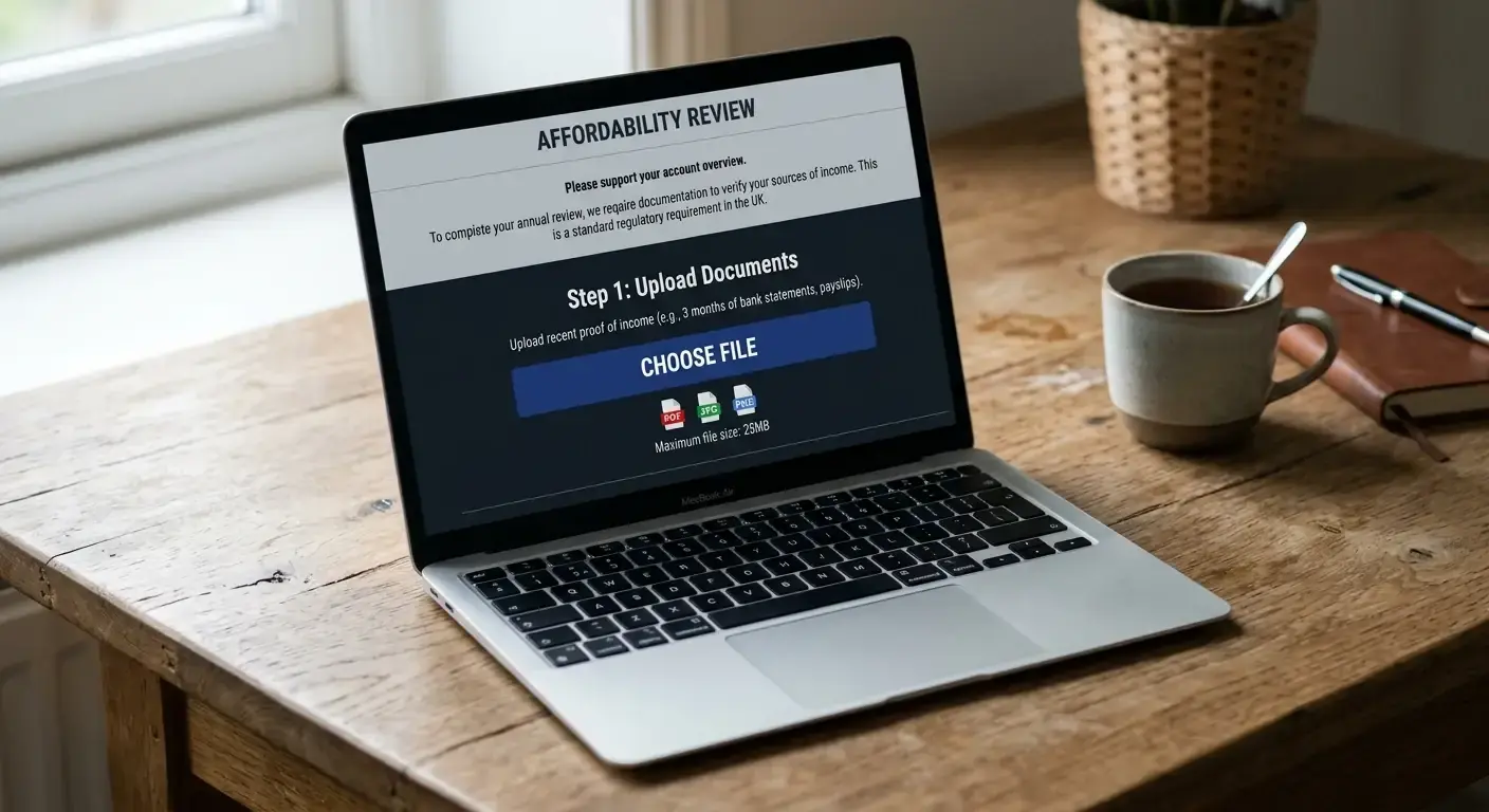 Affordability check document upload prompt on a UK cricket sportsbook account