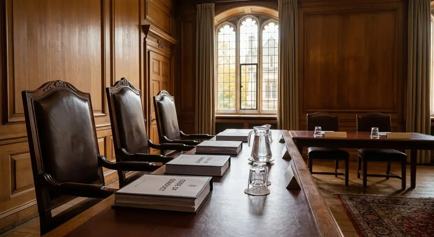 Anti-corruption tribunal hearing room with empty chairs and documents on the desk