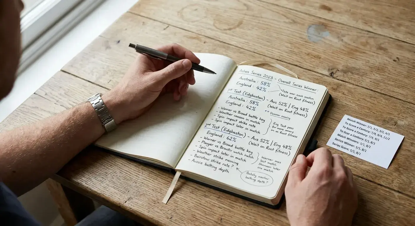 Cricket betting analyst reviewing Ashes outright probabilities in a notebook with a pen