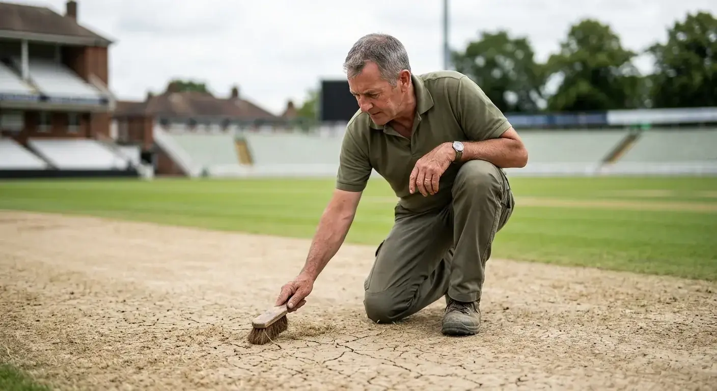 A pitch curator kneeling on a Test cricket square inspecting the surface ahead of an Ashes match