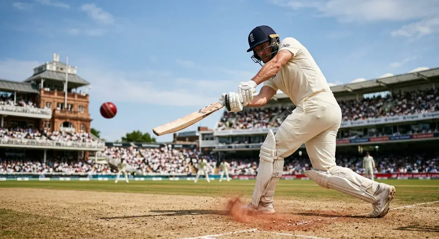 English Test batter executing a pull shot under sunny sky during an Ashes innings