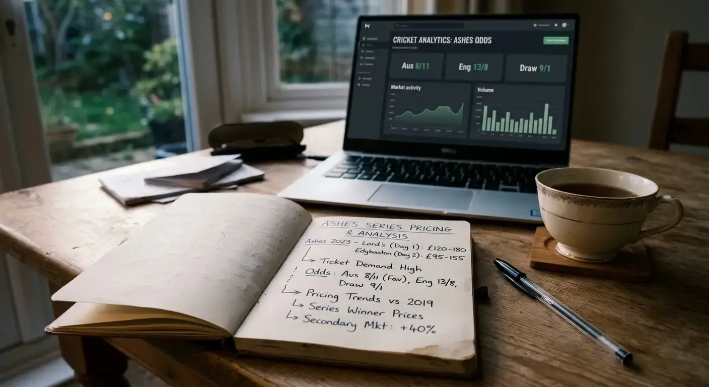 Editorial desk with notebook and laptop screen tracking Ashes outright series betting markets
