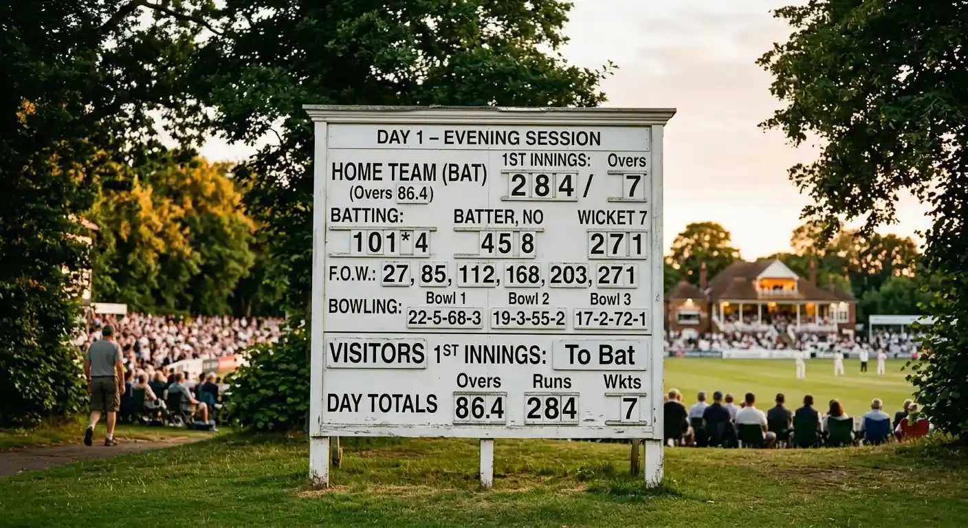 Traditional Test cricket scoreboard at evening showing the day's three sessions completed