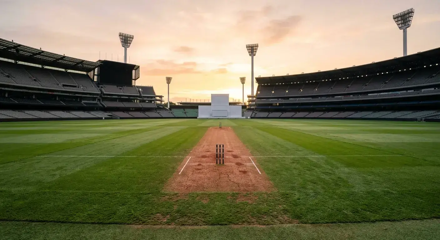 Empty Test cricket ground in Australia with red soil pitch and floodlight pylons under morning light