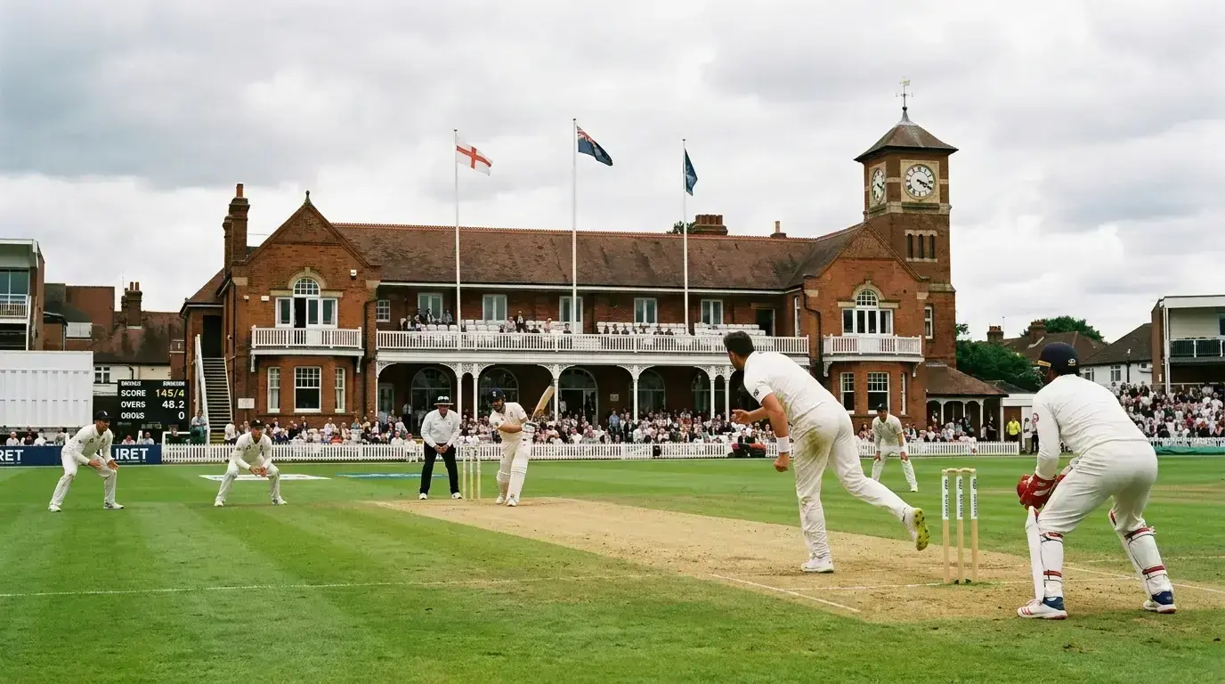 Test cricket in progress at a traditional English ground with pavilion in background