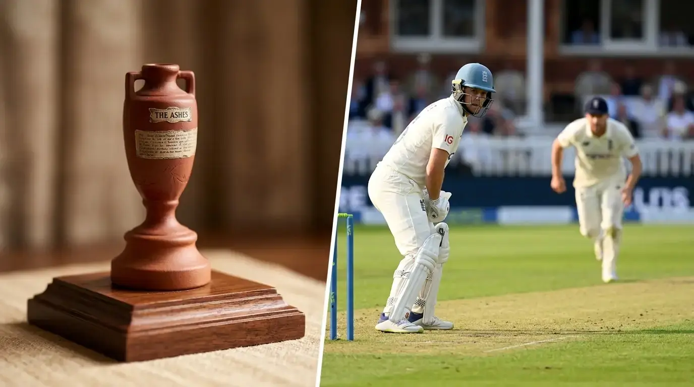 The Ashes urn beside an English batter taking guard against an Australian fast bowler at a Test ground