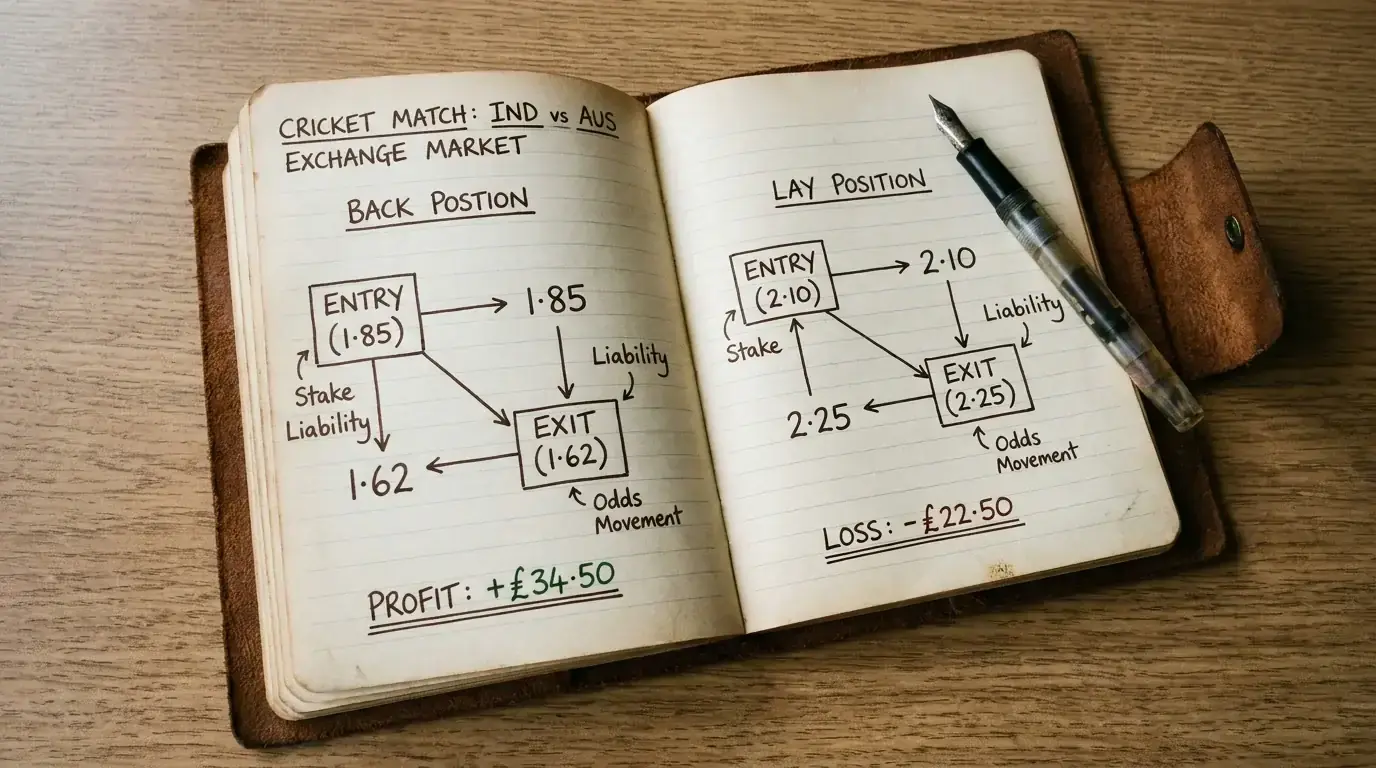 Notebook page showing a worked example of back and lay cricket exchange bets with arrows