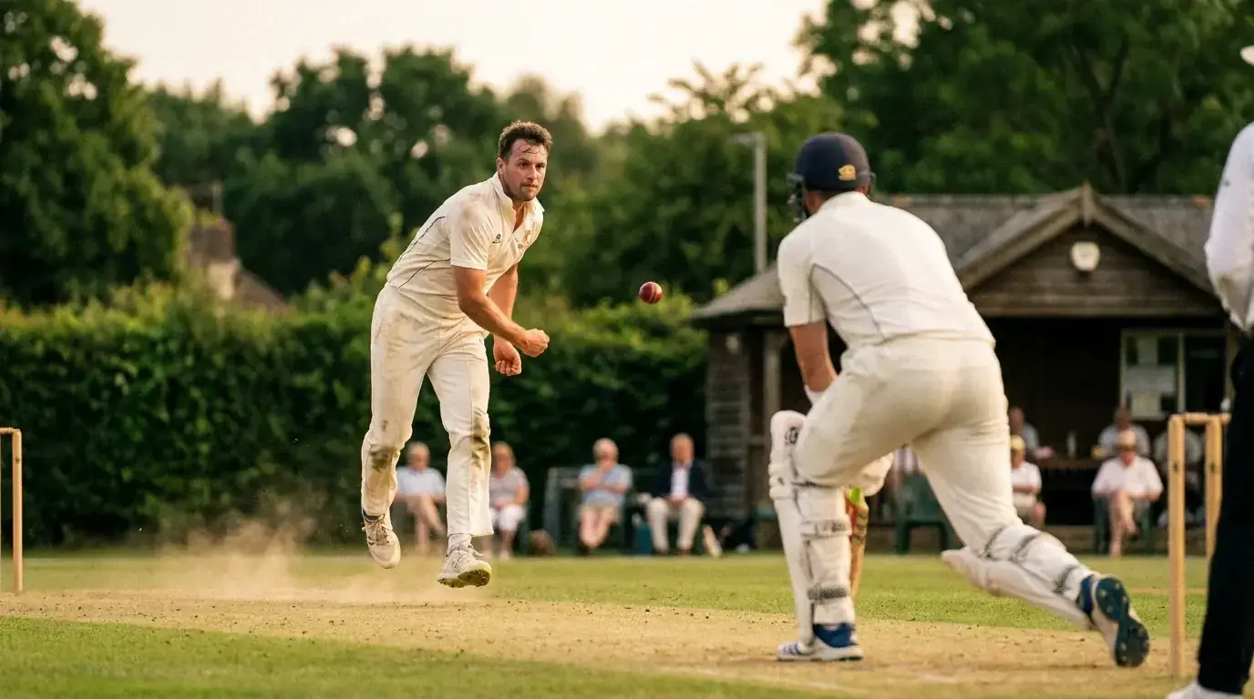 Bowler delivering and batter playing a defensive shot in a single cricket frame