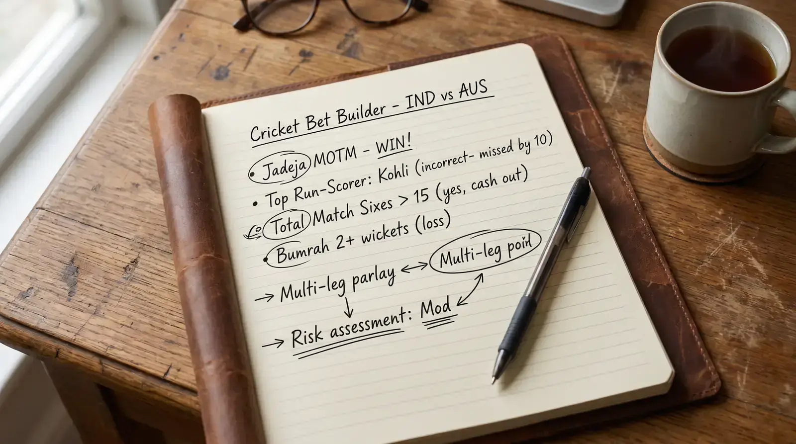 Notebook page reviewing bet builder discipline with notes on which legs were worth the stake