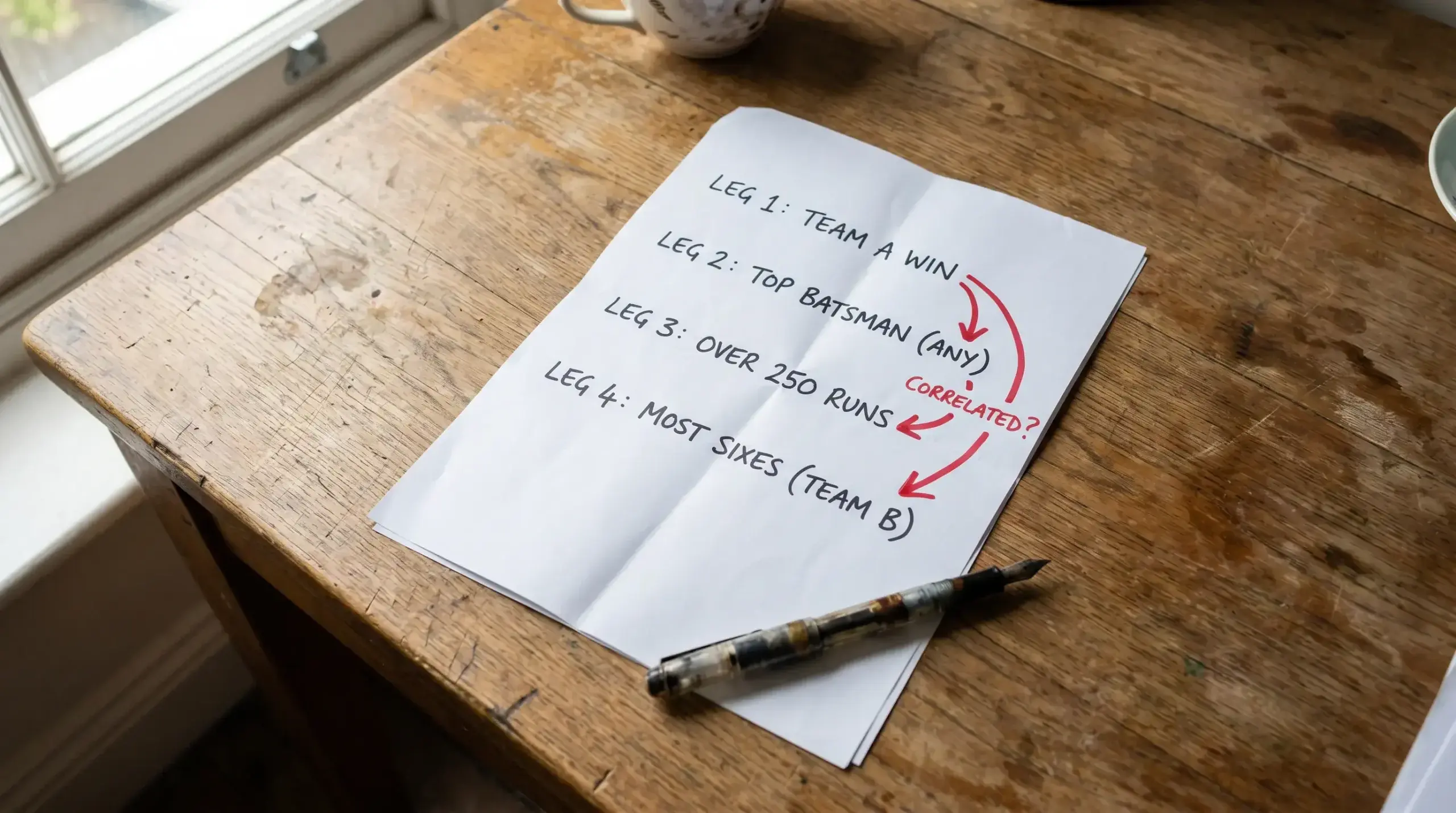 Print-out of a generic four-leg cricket bet builder slip with arrows linking the legs