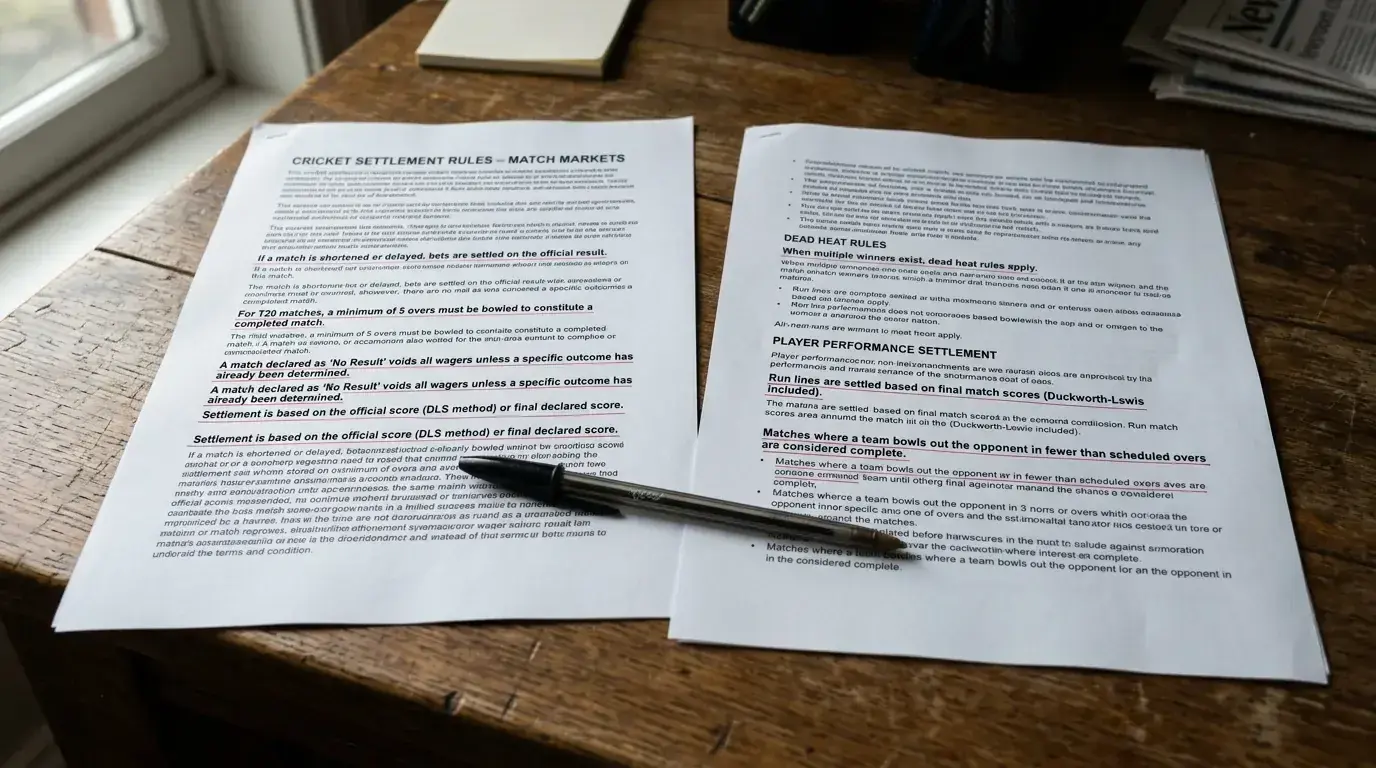 Print-out of UK sportsbook all-bets-stand cricket rule terms on a quiet desk