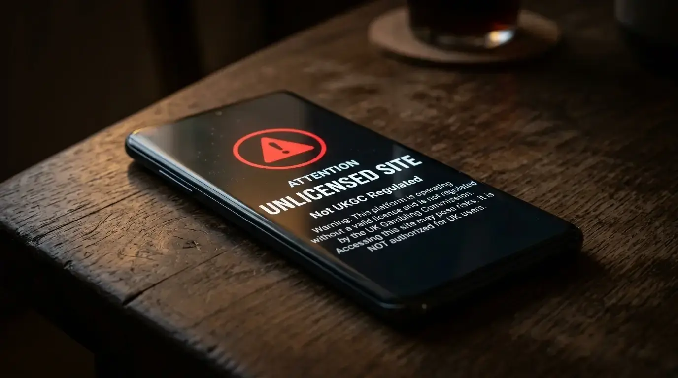 Smartphone showing a warning notice about unlicensed offshore betting sites