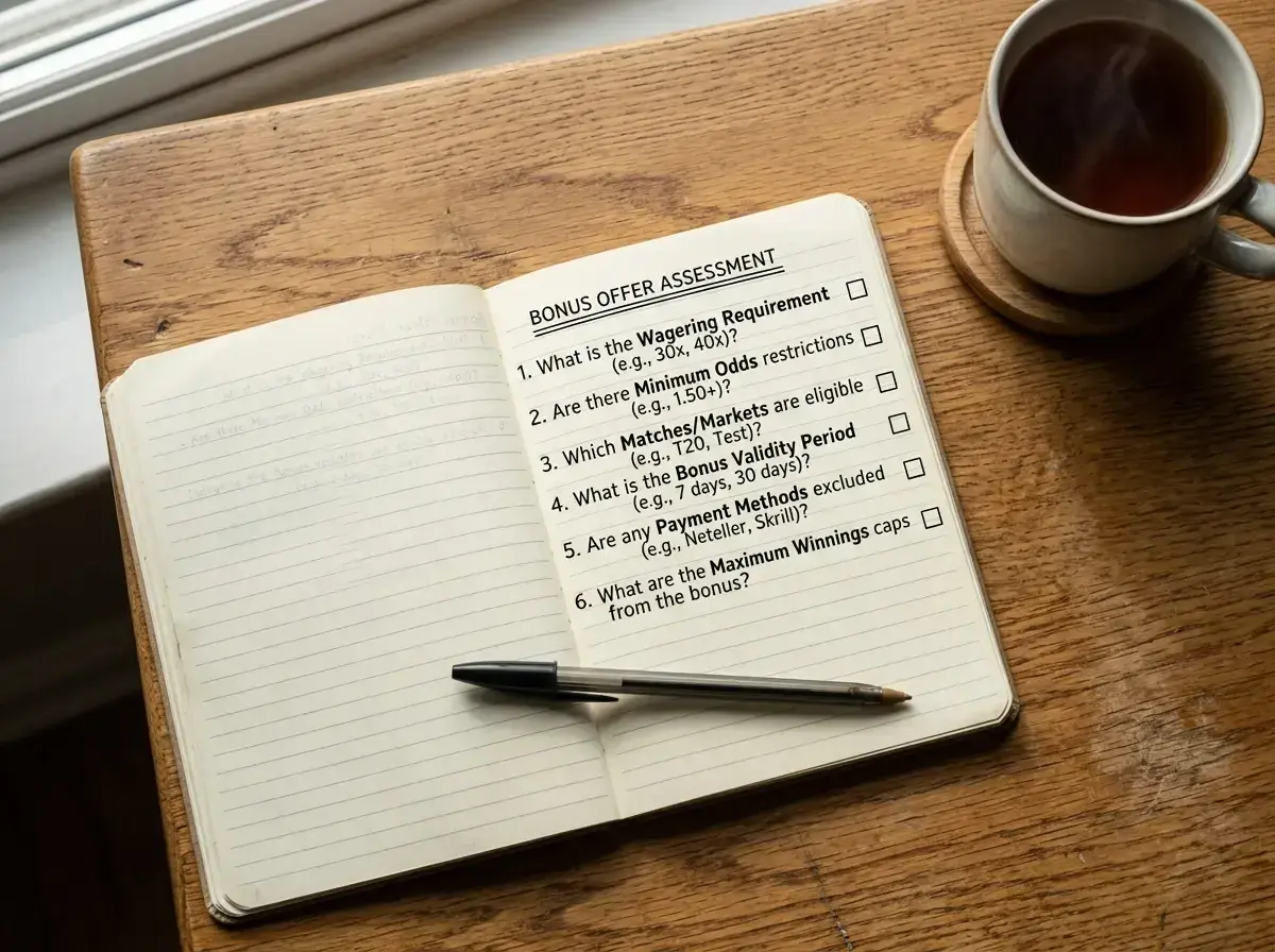 Notebook with a personal checklist for assessing UK cricket sportsbook bonus offers