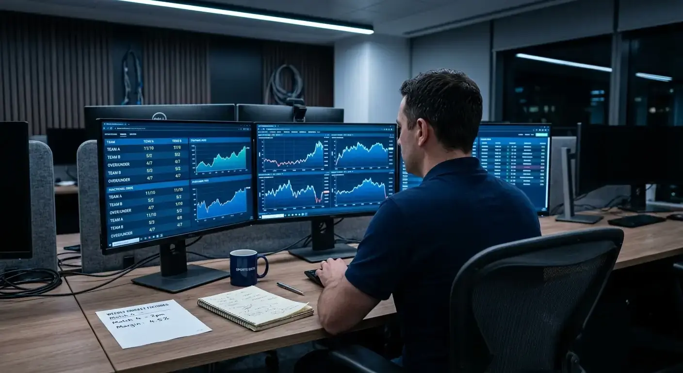 Cricket trader studying market spreads on a desk monitor in a betting operations room