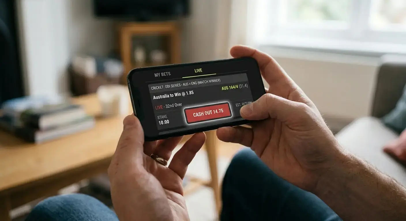 Generic cash-out button on a UK cricket bet slip displayed on a phone screen