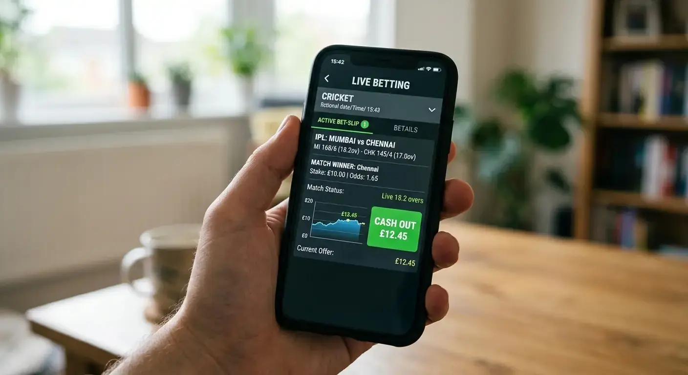 Mobile phone showing a cash out value moving on a live cricket bet slip