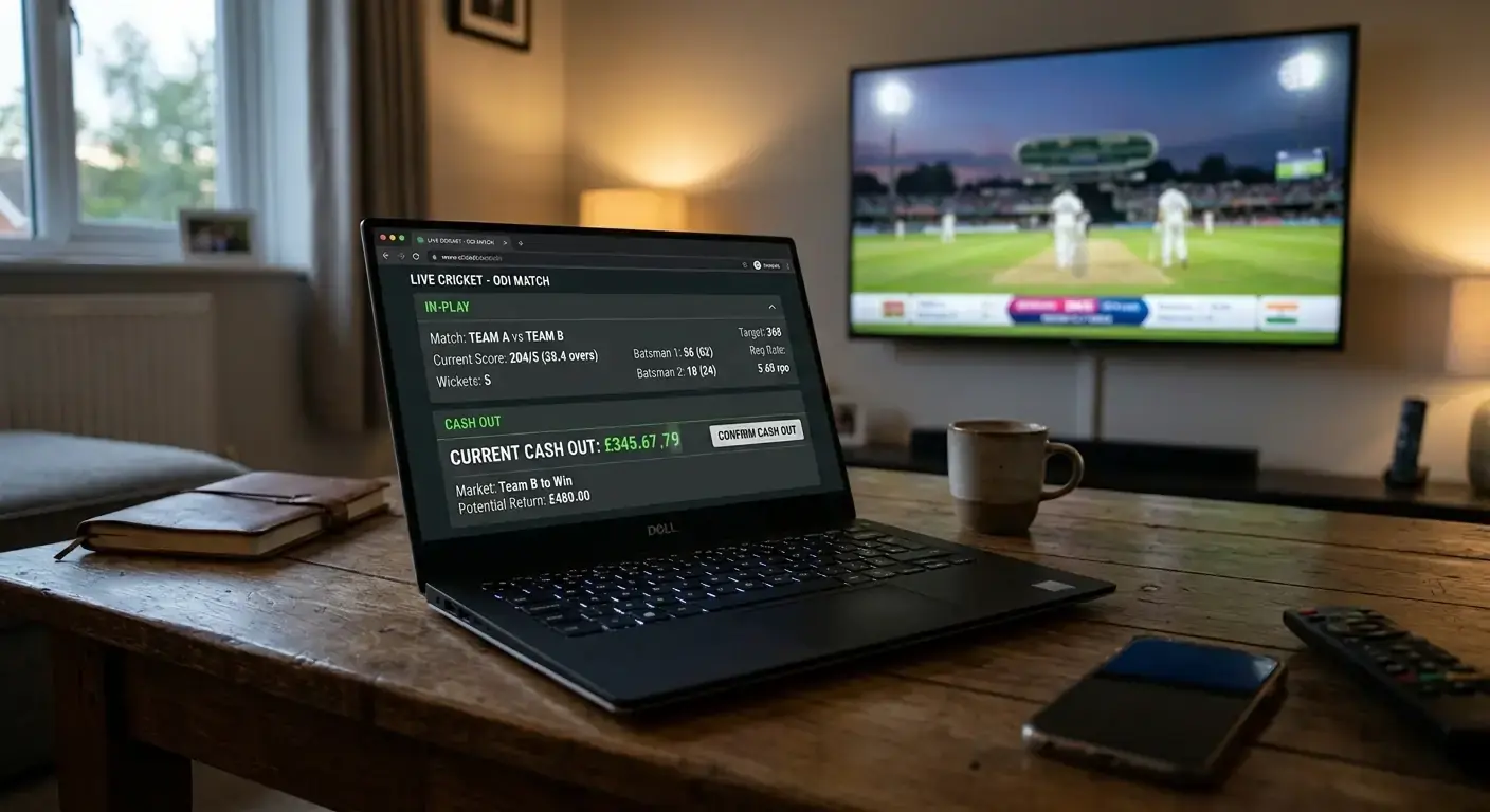 Laptop showing in-play cricket cash-out value updating during a live ODI match