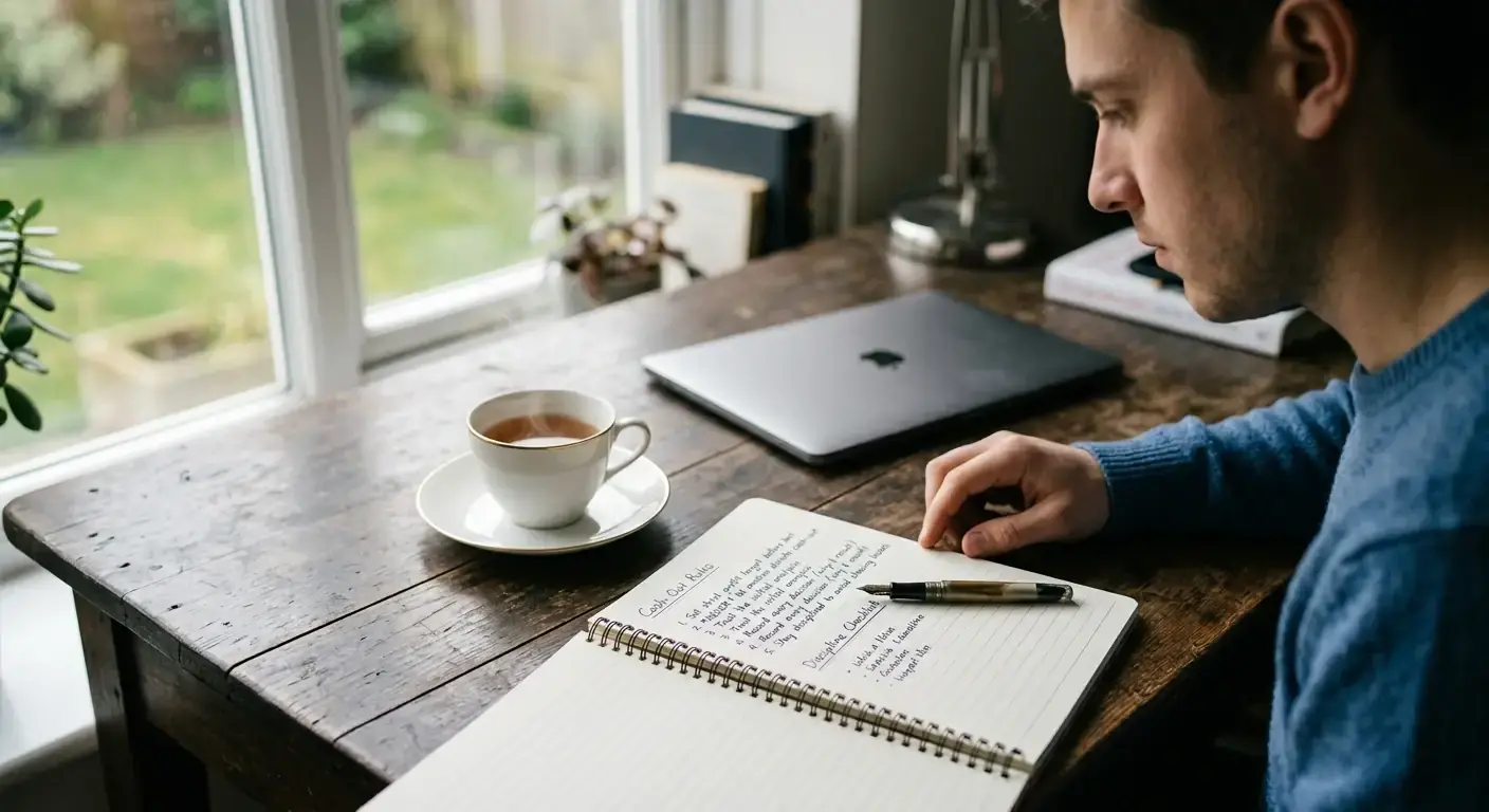 Bettor reflecting on cash-out discipline at a quiet desk with a notebook and tea