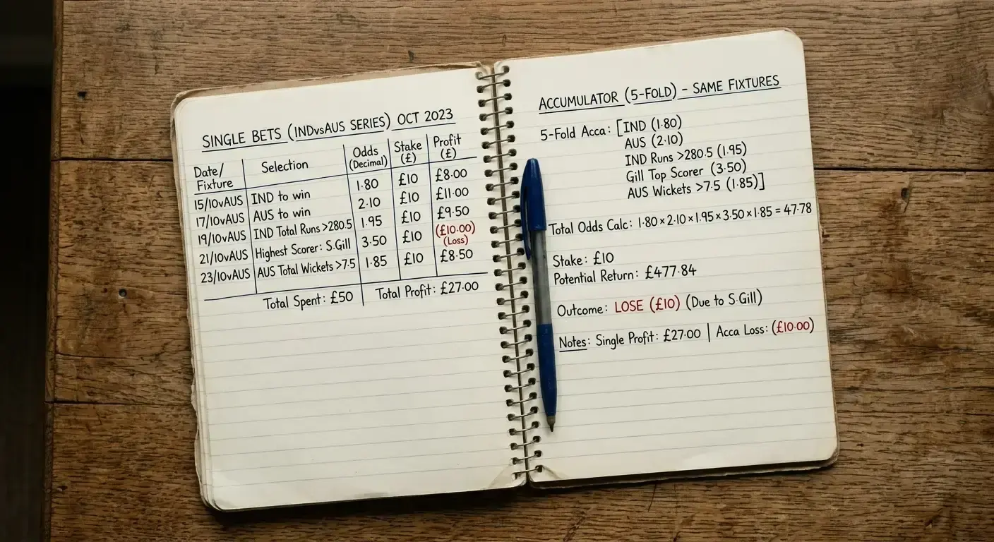 Notebook page comparing single-leg cricket bets with a multi-leg accumulator's likely return