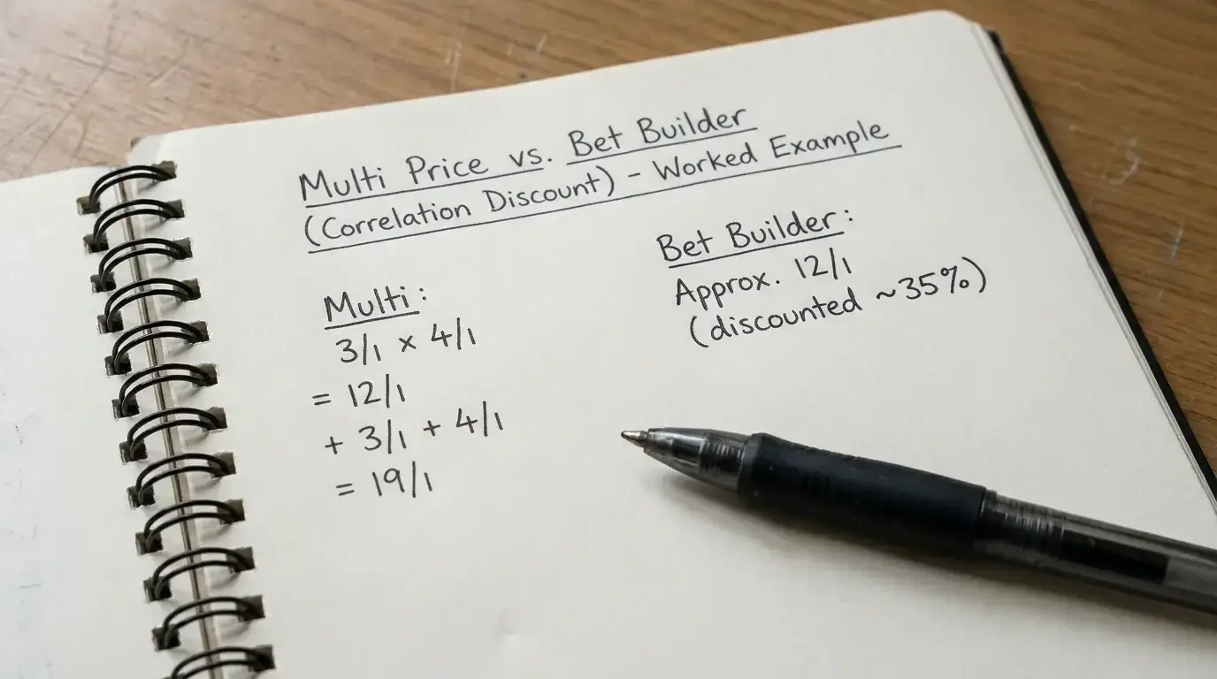 Handwritten maths showing how bet builder correlation compresses multi-leg cricket prices