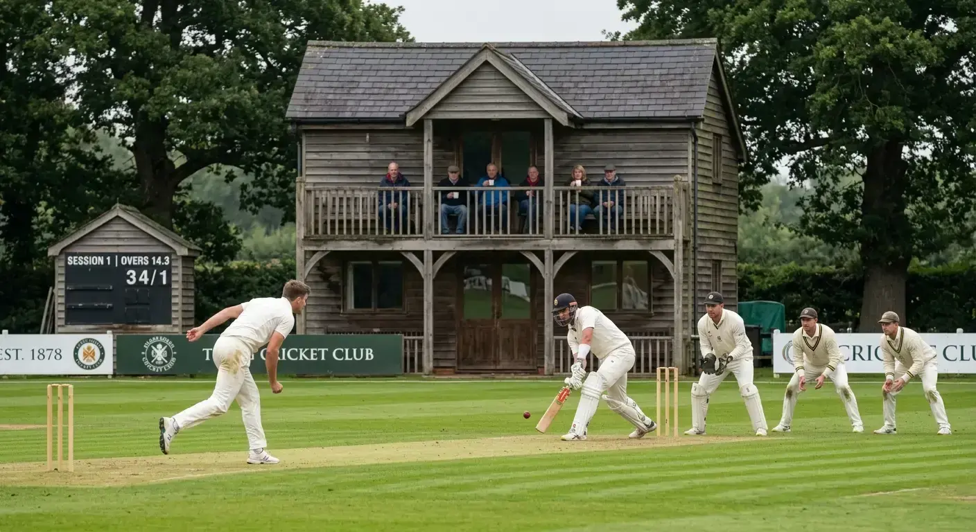 Red ball county cricket match in progress at a small English county ground
