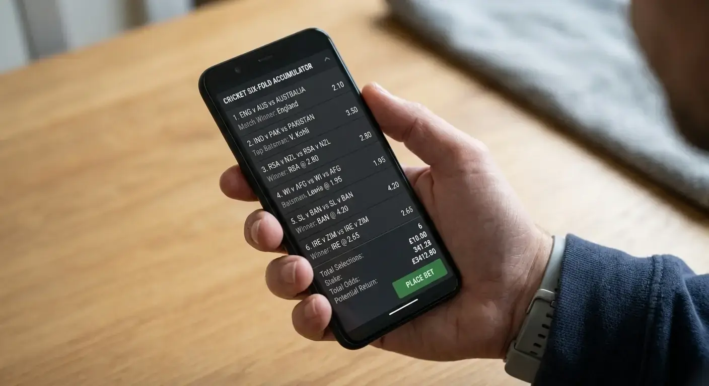 Cricket accumulator slip on a phone with six selections combined into a single bet
