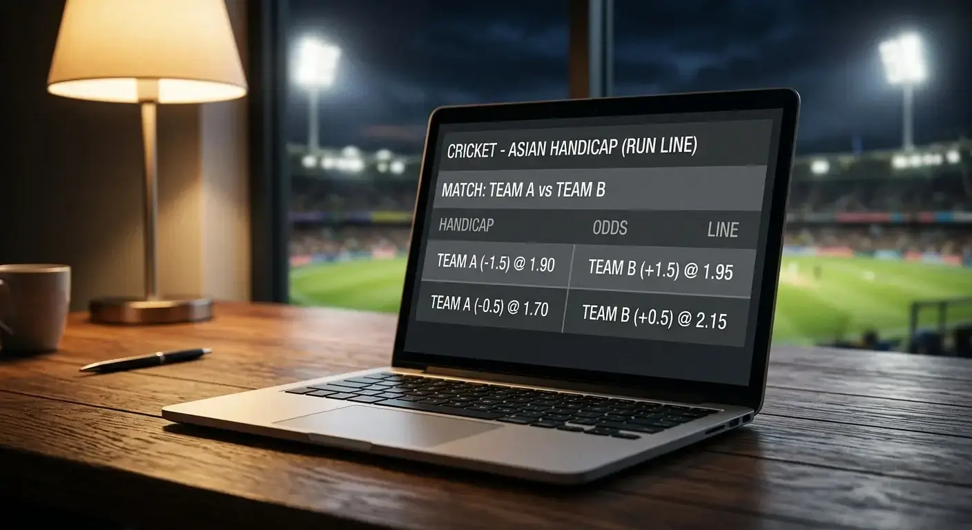 Cricket Asian handicap run line displayed on a sportsbook interface beside a packed stadium