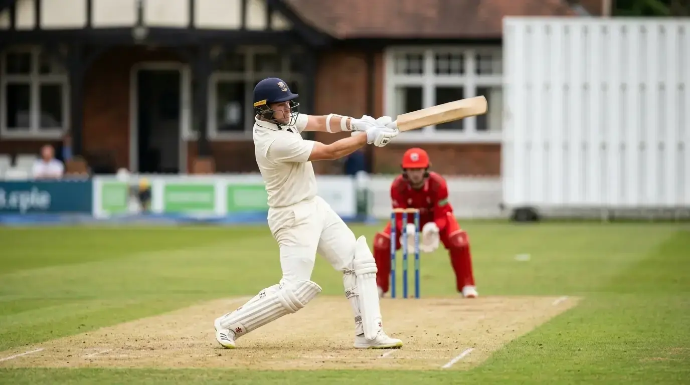 Batter playing a pull shot at a UK county ground in full whites