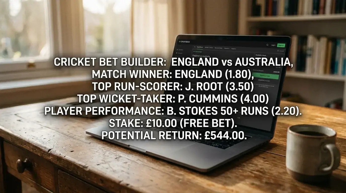 UK bet builder interface combining multiple cricket markets in one slip on a laptop screen