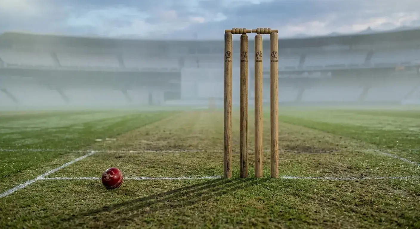 Cricket betting integrity UK scene with stumps on an empty Test ground at dawn