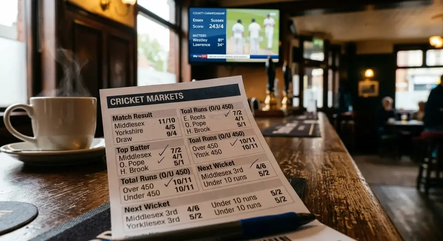 Cricket betting markets coupon at a UK sportsbook with a scoreboard in the background