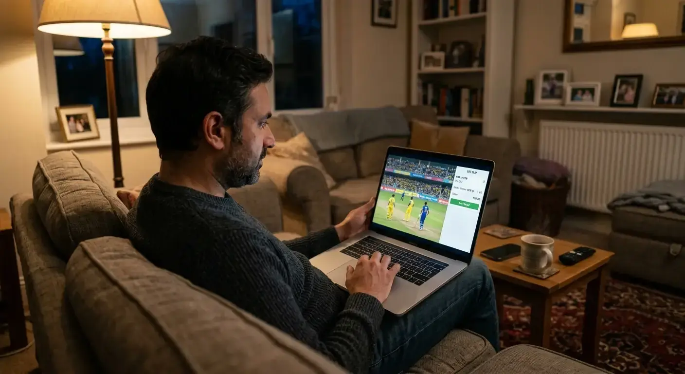 Cricket bettor with a laptop following a fast-paced IPL T20 match in the evening