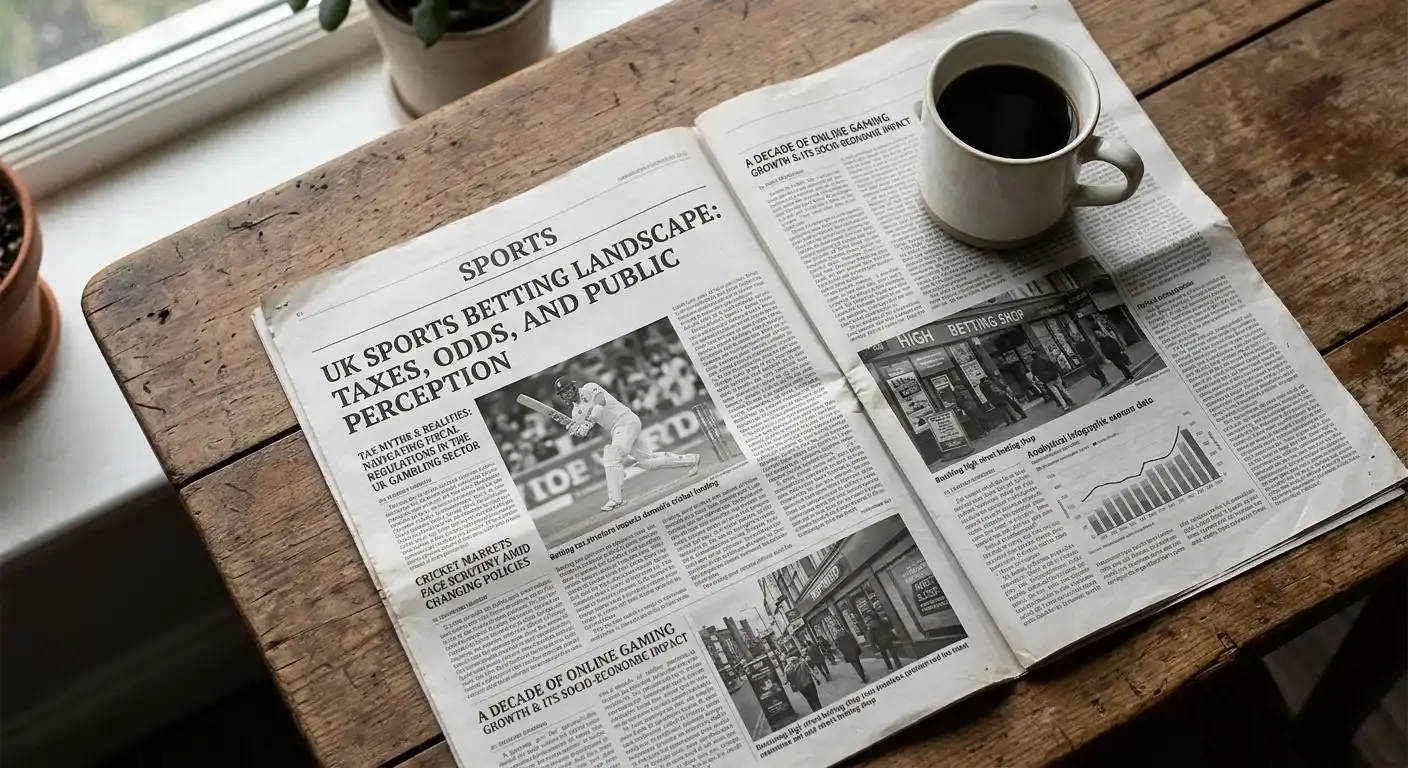 Open broadsheet newspaper sports page with a coffee mug discussing UK betting tax myths