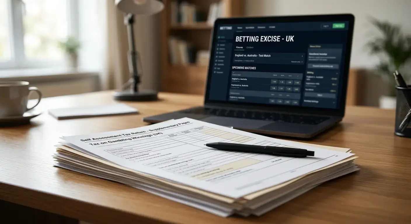 UK tax paperwork laid out on a desk beside a laptop showing a cricket betting site
