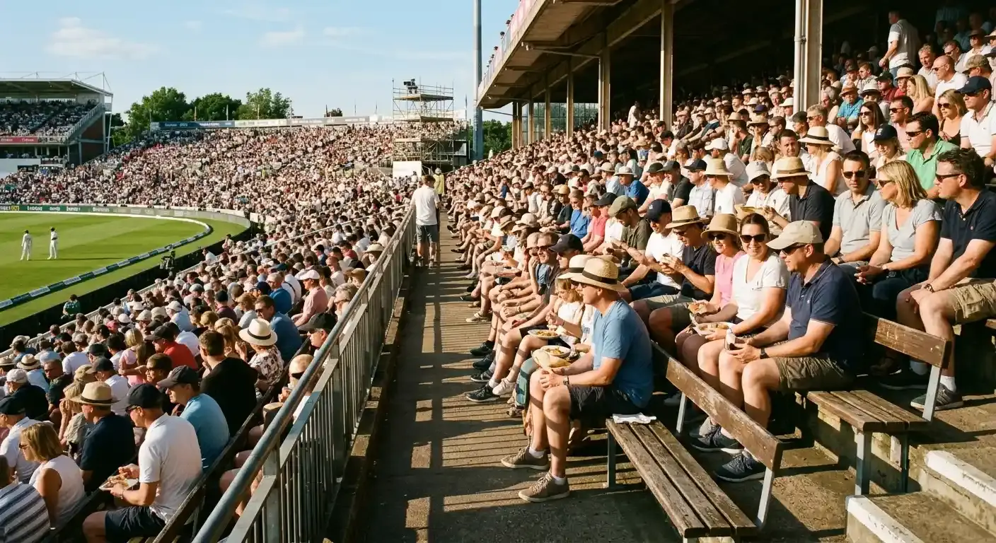 Cricket fans packed into stadium stands during an Ashes Test highlighting peak betting moments