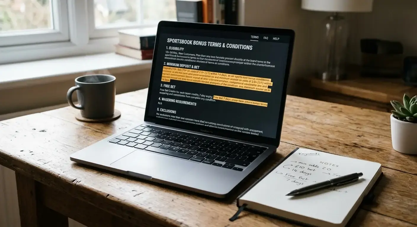 UK cricket betting bonus terms page open on a laptop with key fine-print sections highlighted