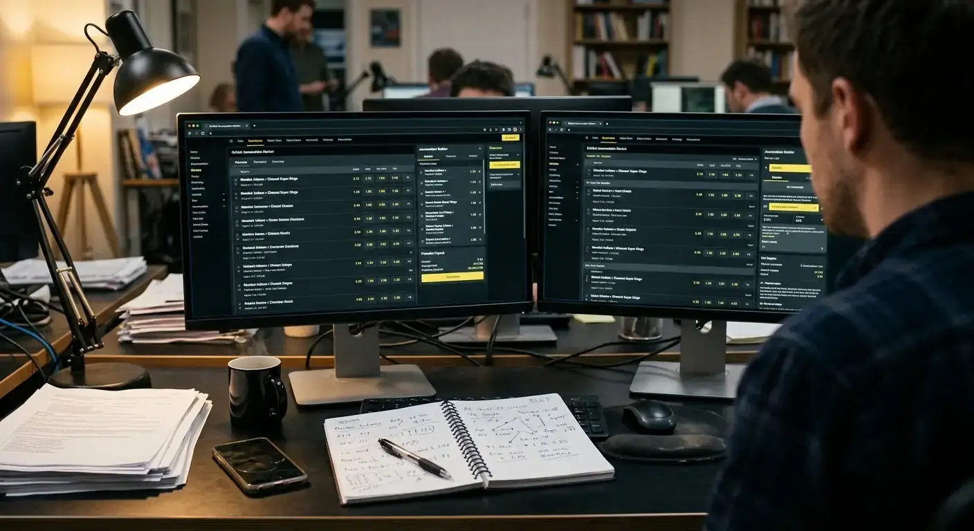Sportsbook trading desk with multiple monitors showing cricket accumulator markets