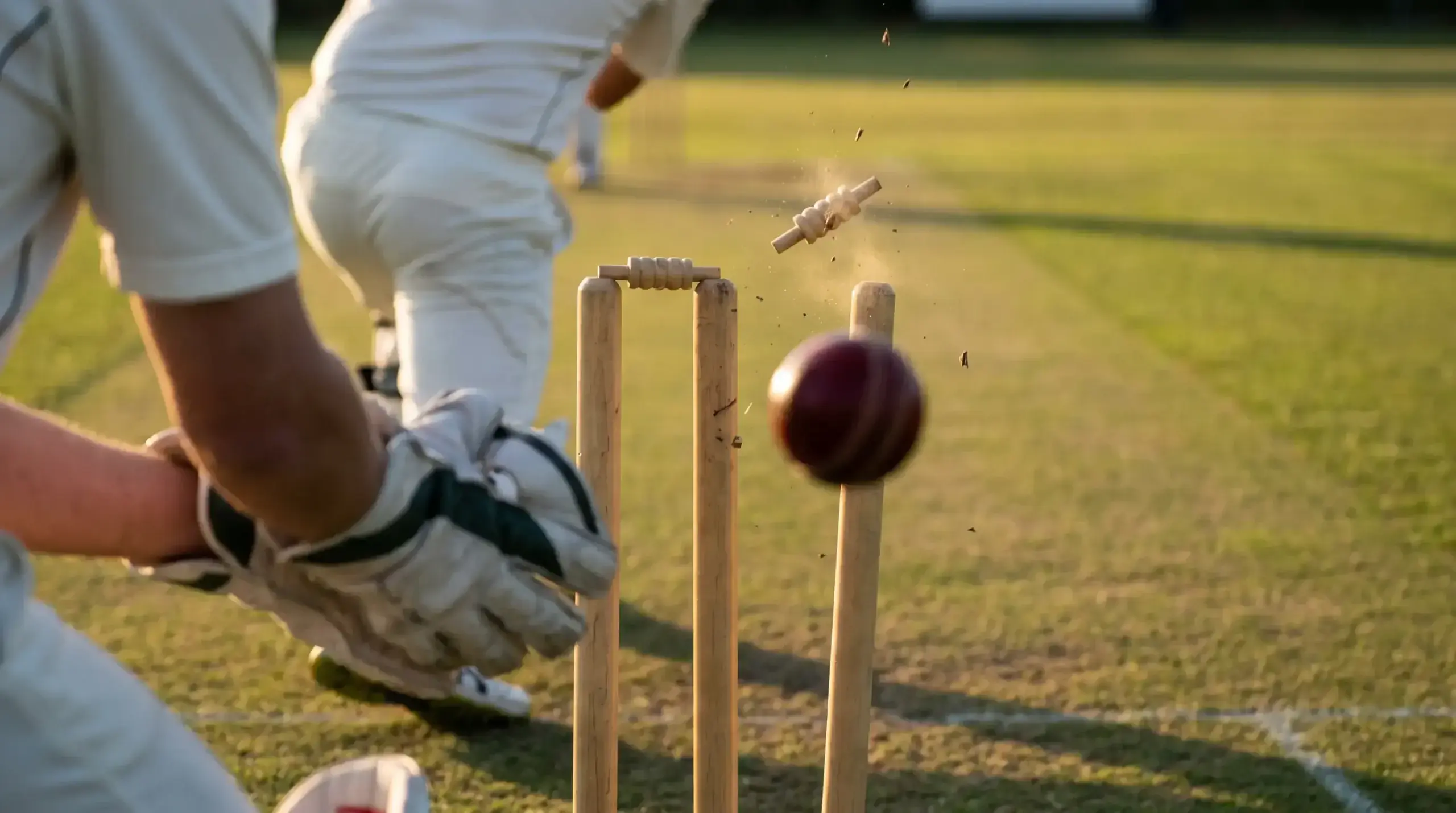 Wooden cricket stumps and bails being dislodged by a red leather ball as the batter is bowled