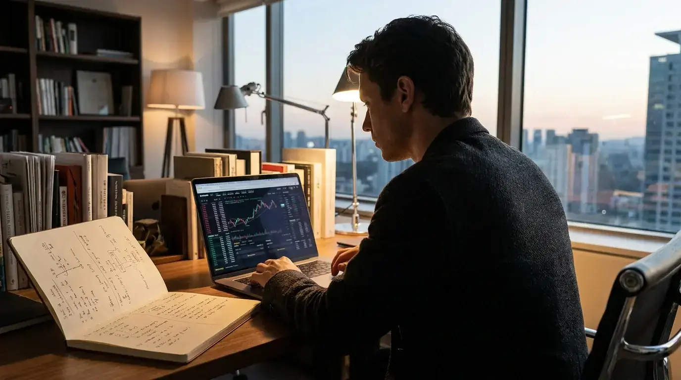 Cricket exchange bettor reviewing back and lay positions at a quiet evening desk