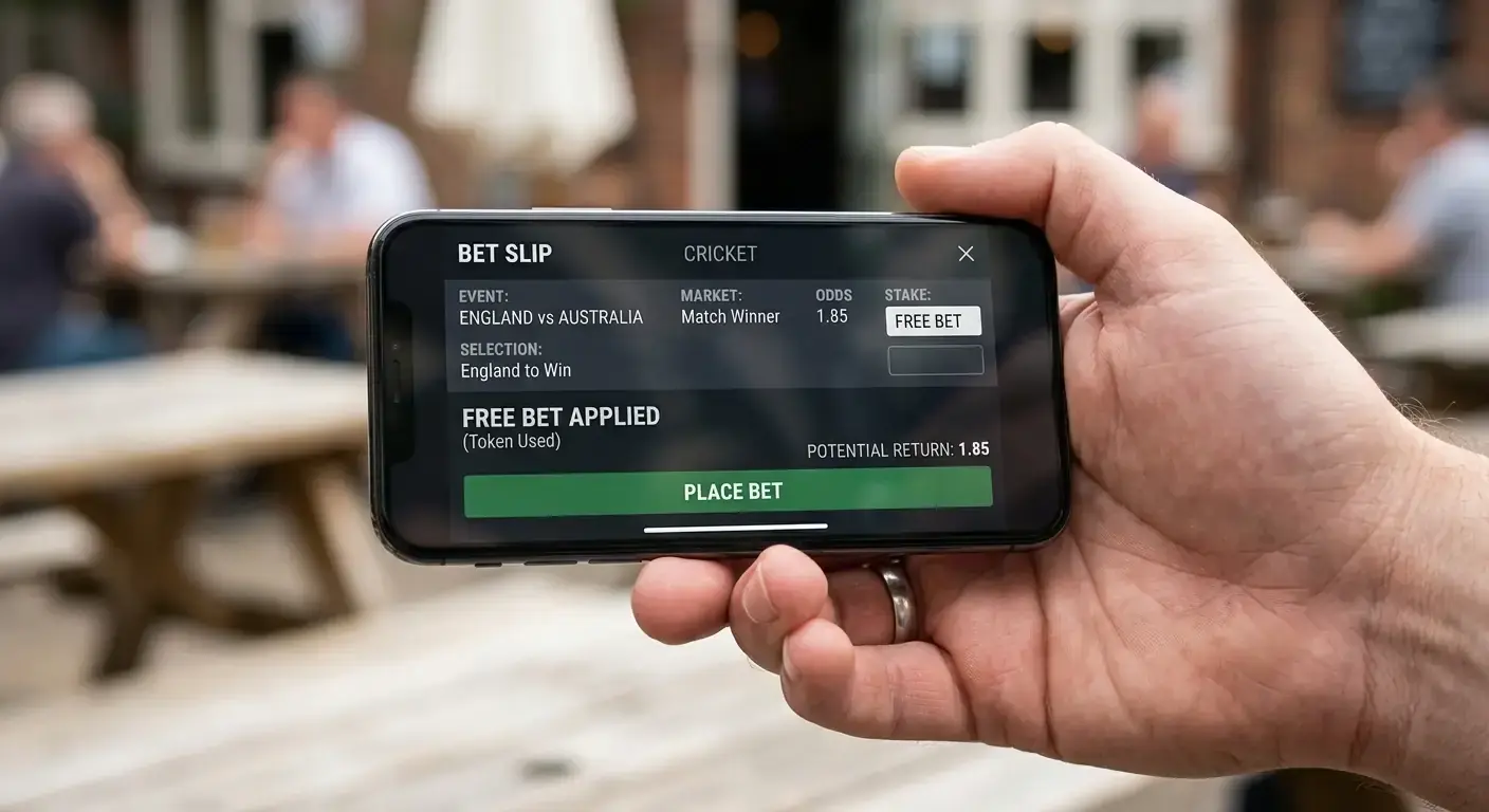 UK cricket free bet slip on a phone showing a free bet token applied to a cricket selection