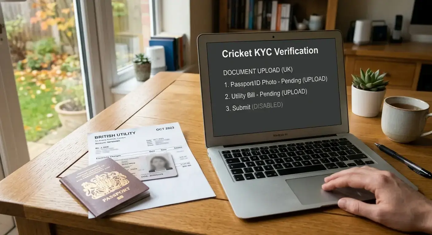 UK cricket betting KYC verification documents laid out beside a laptop awaiting upload