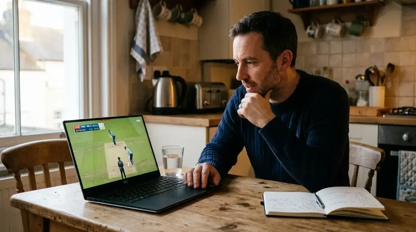 UK punter watching a live cricket match on a laptop with a live odds panel visible