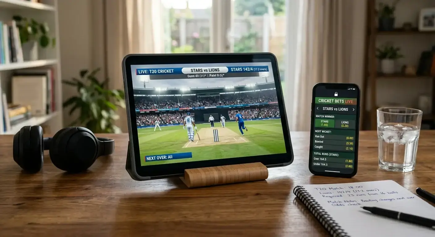 Cricket match livestream playing on a tablet next to a phone with live betting markets