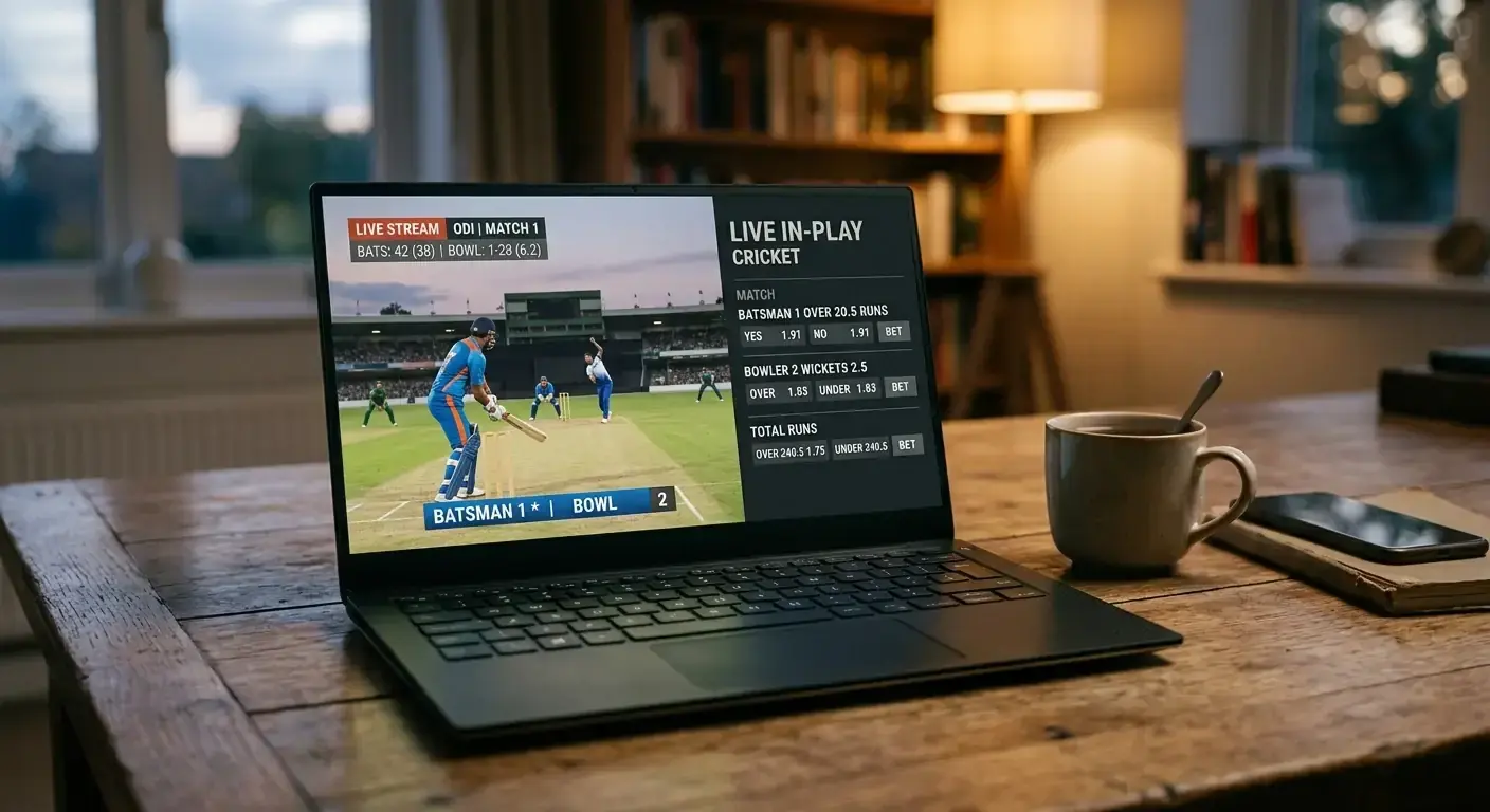 Laptop streaming a live cricket match next to a UK betting interface on a separate window
