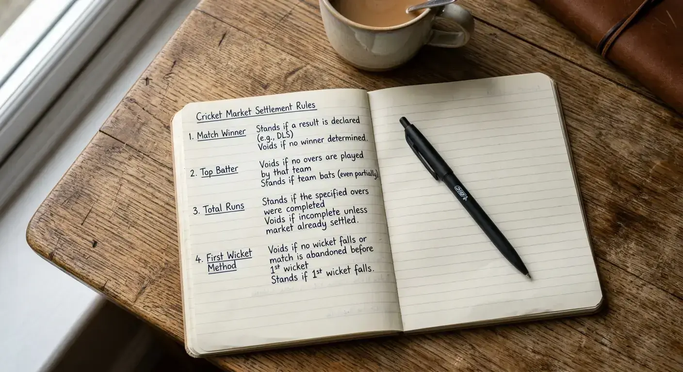 Editorial notebook listing how each cricket market settles after an abandoned match